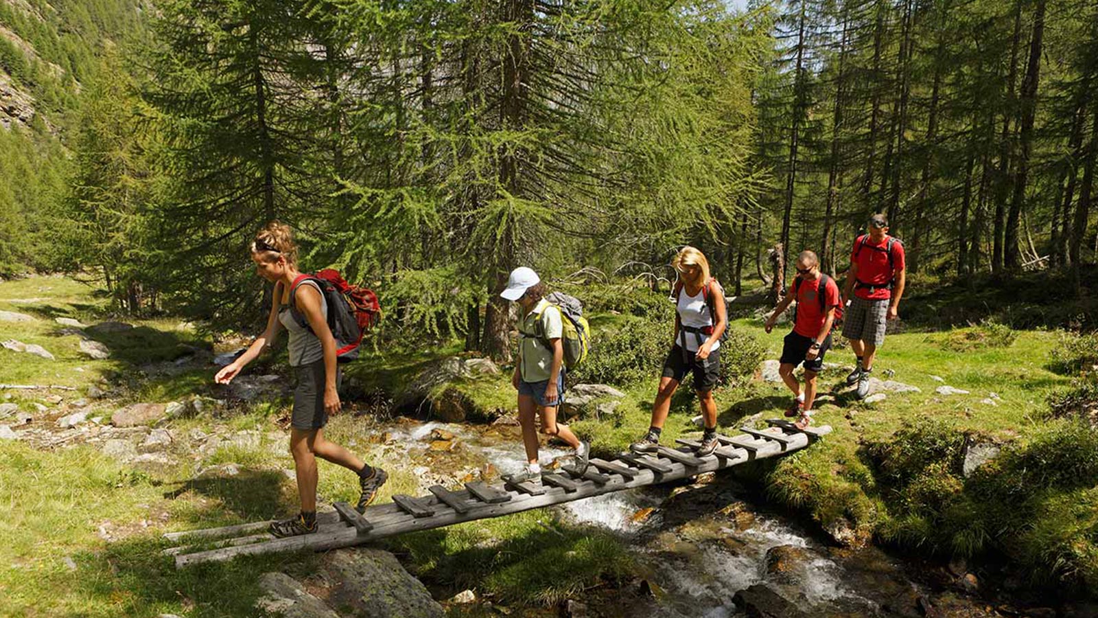 Eine Gruppe von Menschen überquert im Sommer eine kleine Brücke über einen Bach im Wald